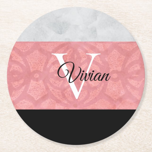 Posavasos Redondo De Papel Monogramación De Batik Rosa Ruddy Y Acuarela Gris (Anverso)