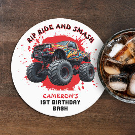 Posavasos Redondo De Papel Monster Camión Smash Bandera de Verificación Prime