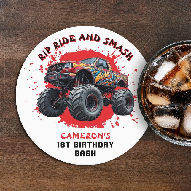 Posavasos Redondo De Papel Monster Camión Smash Bandera de Verificación Prime (Monster Truck Smash Checkered Flag 1st Birthday Round Paper Coaster
)