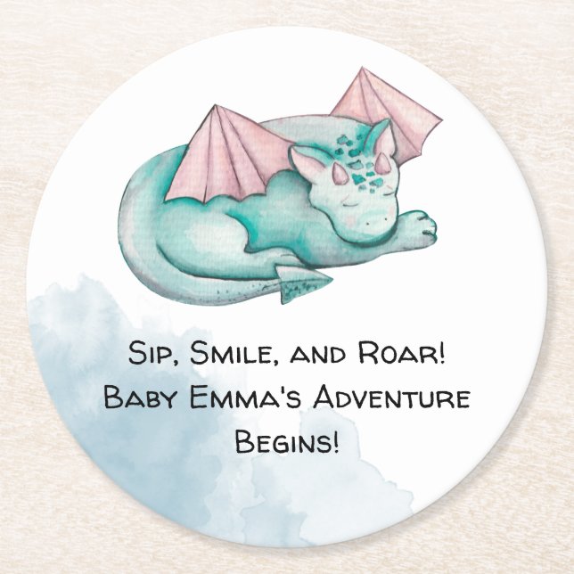 Posavasos Redondo De Papel Monstruo Baby Shower Sleeping Turquoise Dragon (Anverso)