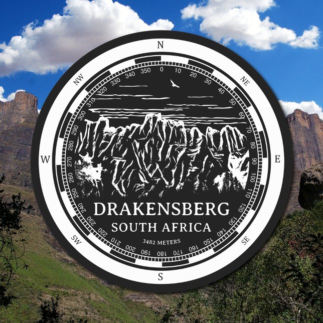 Posavasos Redondo De Papel Montañas Drakensberg - Sudáfrica (Drakensberg Mountains Coaster in Back with a white compass and mountain illustration)