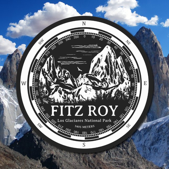 Posavasos Redondo De Papel Monte Fitz Roy - Cerro Chaltén Sudamérica (Mount Fitz Roy Coaster in Back with a white compass and mountain illustration)