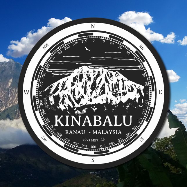 Posavasos Redondo De Papel Monte Kinabalu - Ilustracion Ranau Malaysia Sabah (Mount Kinabalu Malaysia Coaster in Back with a white compass and mountain illustration)