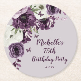 Posavasos Redondo De Papel Morado Flores Blancas Mariposas 75º cumpleaños