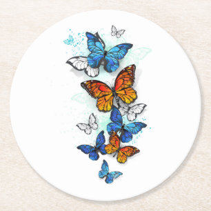 Posavasos Redondo De Papel Morfo y monarca de las mariposas voladoras
