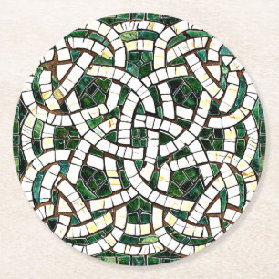 Posavasos Redondo De Papel Mosaico de piedra de nudo celta verde y blanco