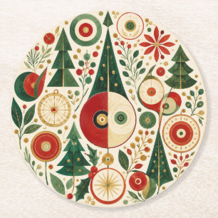 Posavasos Redondo De Papel Mosaico Navideño de Mitad de Siglo