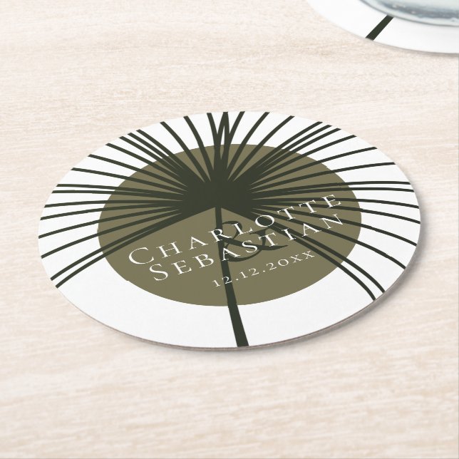 Posavasos Redondo De Papel Moss Green Botanical Fan Elegant Wedding (En perspectiva)