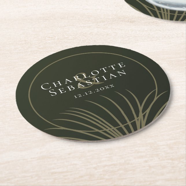 Posavasos Redondo De Papel Moss Green Botanical Fan Elegant Wedding (En perspectiva)
