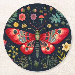 Posavasos Redondo De Papel Moth Roja En El Jardín Nocturno