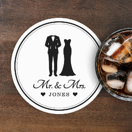 Posavasos Redondo De Papel Mr & Mrs Wedding Dress Tuxedo Newlywed Couple