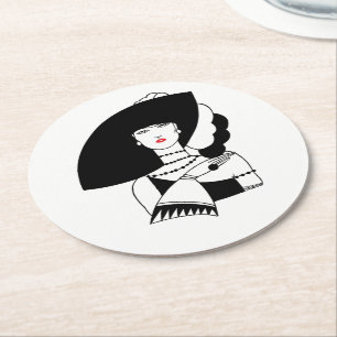 Posavasos Redondo De Papel Mujer Art Déco con sombrero grande guantes RL