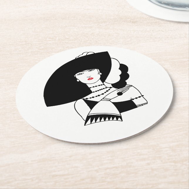 Posavasos Redondo De Papel Mujer Art Déco En Grandes Gorras Gantes RL (En perspectiva)