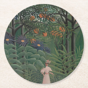 Posavasos Redondo De Papel Mujer caminando en un bosque exótico, Henri Rousse