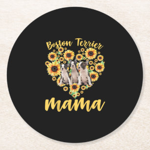 Posavasos Redondo De Papel Mujeres girasoles Boston Terrier Mama Dog Lover