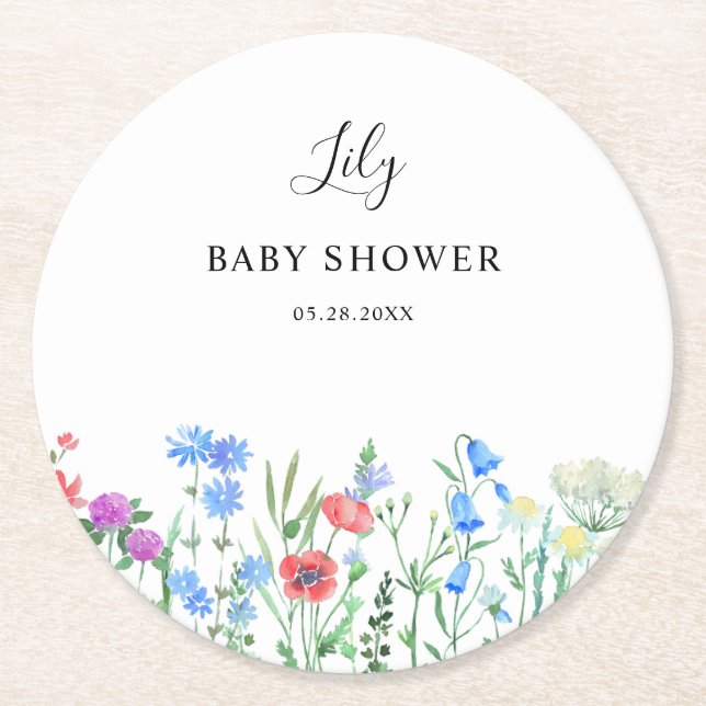 Posavasos Redondo De Papel Multihued Wildflower Baby Shower Celebration (Anverso)
