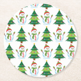 Posavasos Redondo De Papel Muñeco de nieve del árbol de Navidad Patrón lindo 
