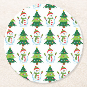 Posavasos Redondo De Papel Muñeco de nieve del árbol de Navidad Patrón lindo 