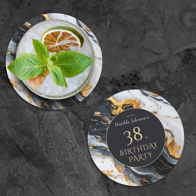 Posavasos Redondo De Papel Nacimiento de cualquier edad en negro y oro (Black and Gold Any Age Birthday Round Paper Coaster)