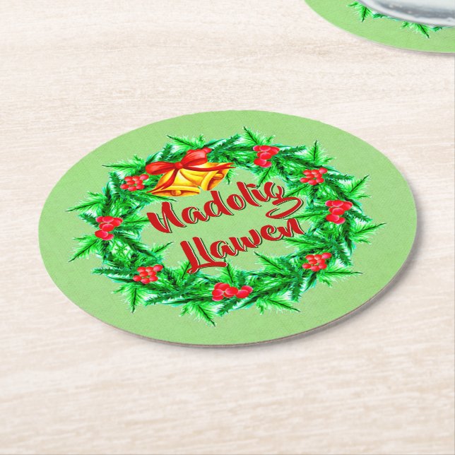 Posavasos Redondo De Papel Nadolig Llawen Welsh Merry Christmas (En perspectiva)