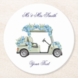 Posavasos Redondo De Papel  Nantucket Blue Floral Golf Cart Wedding 