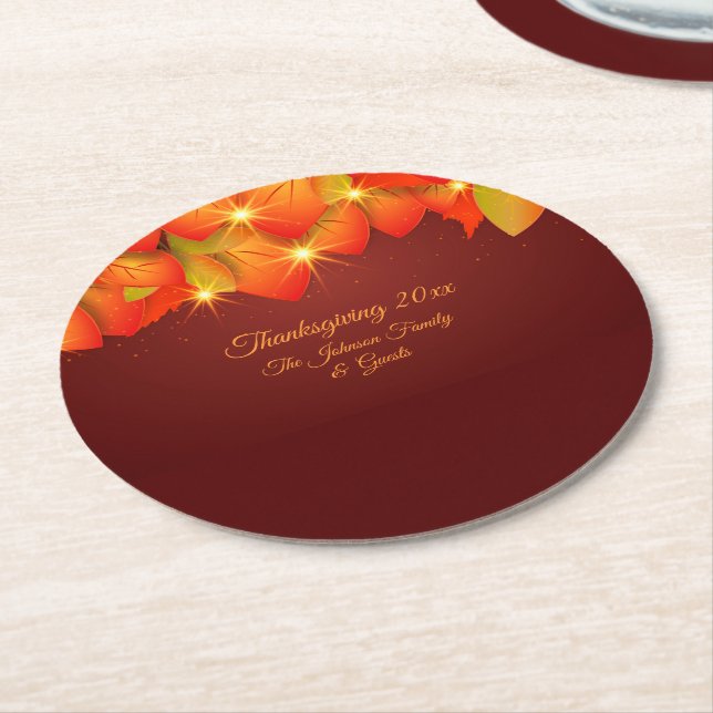 Posavasos Redondo De Papel Naranja de Acción de Gracias Coincidir con el nomb (En perspectiva)