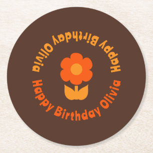 Posavasos Redondo De Papel Naranja de flores de los años 70 Brown Cumpleaños