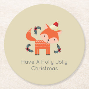 Posavasos Redondo De Papel Naranja Fox En Santa Hat Cuidados Navidades Whimsi