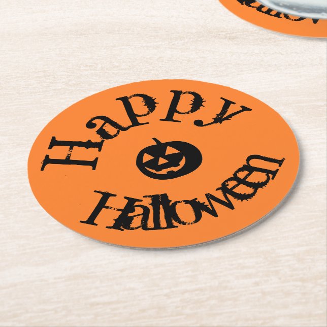 Posavasos Redondo De Papel Naranja moderno Feliz Calabaza de Halloween (En perspectiva)