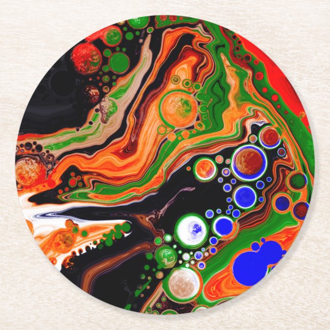 Posavasos Redondo De Papel Naranja personalizado, azul, verde, fluido negro (Anverso)