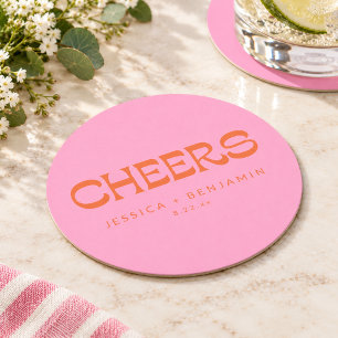Posavasos Redondo De Papel Naranja Rosa Cheers Retro Hora de Cóctel de Boda e