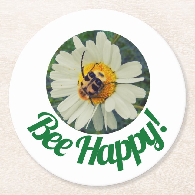 Posavasos Redondo De Papel Naranja y abeja negra en diseño de círculo de marg (Anverso)