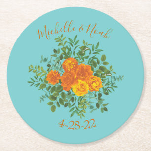 Posavasos Redondo De Papel Naranja y Aqua Boda Floral Moderna
