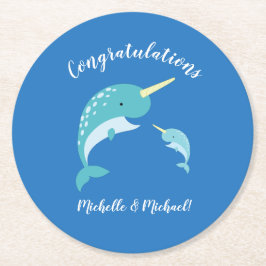 Posavasos Redondo De Papel Narwhal Baby Shower Blue Boy Cute
