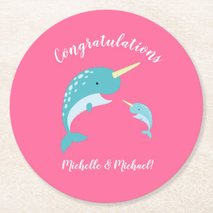 Posavasos Redondo De Papel Narwhal Baby Shower Pink Chica Cute