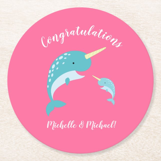 Posavasos Redondo De Papel Narwhal Baby Shower Pink Chica Cute (Anverso)