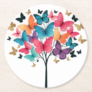 Posavasos Redondo De Papel Naturaleza Caprichosa Mariposa Árbol de la Vida