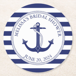 Posavasos Redondo De Papel Nautical Anchor Nave Blue Stripe Bridal Shower
