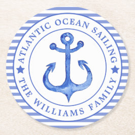 Posavasos Redondo De Papel Nautical Anchor Navy Blue Striped Personalizado