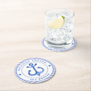 Posavasos Redondo De Papel Nautical Anchor & Navy Blue Striped w. Nombre del 