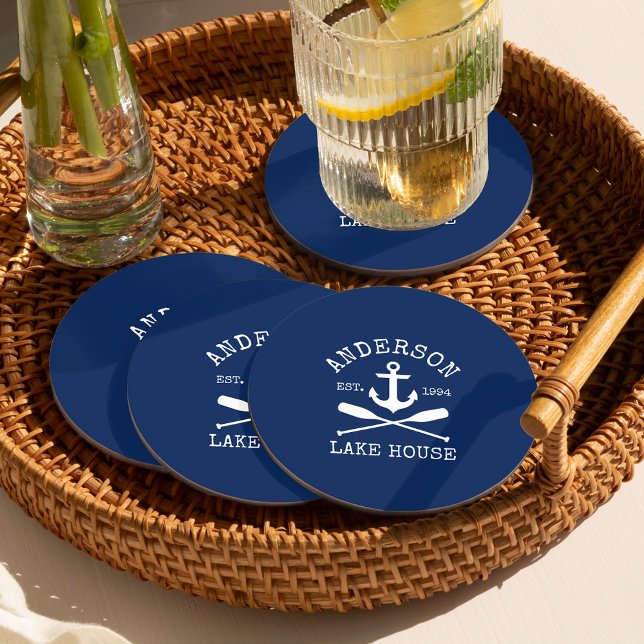 Posavasos Redondo De Papel Nautical Anchor Oars Naval Blue Family Lake House (Customize to change background color.)