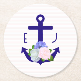 Posavasos Redondo De Papel Nautical Floral Stripes Wedding
