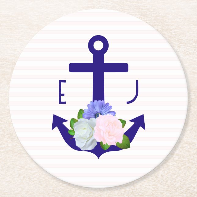 Posavasos Redondo De Papel Nautical Floral Stripes Wedding (Anverso)