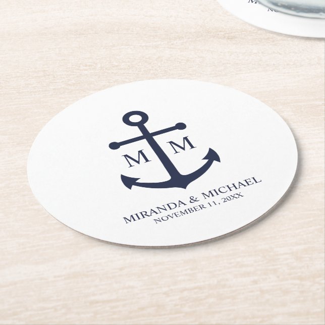 Posavasos Redondo De Papel Nautical Navy Blue Anchor Wedding (En perspectiva)