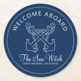 Posavasos Redondo De Papel Nautical Navy Blue Welcome Aboard Bote Name