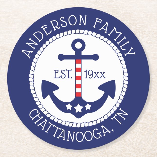 Posavasos Redondo De Papel Nautical Patriotic Anchor Family Name (Anverso)