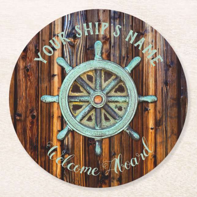 Posavasos Redondo De Papel Nautical Theme Bronze Captains Wheel (Anverso)
