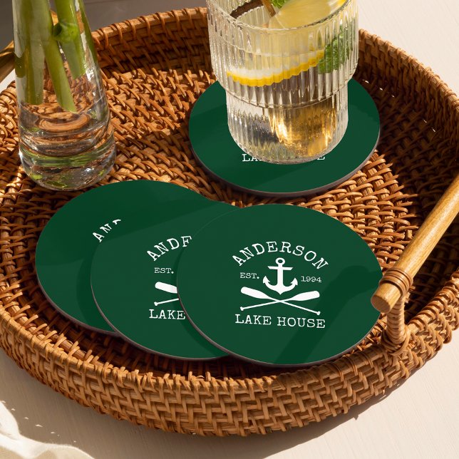 Posavasos Redondo De Papel Nautico Anchor Oars Green Family Lake House (Customize to change background color.)