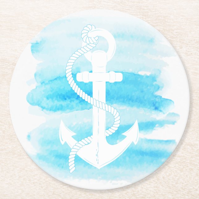 Posavasos Redondo De Papel Náutico - Ancla acuarela (1) (Anverso)