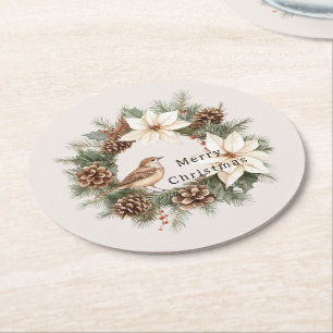 Posavasos Redondo De Papel Navidad Acogedora Caliente Poinsettia Pinos Conos